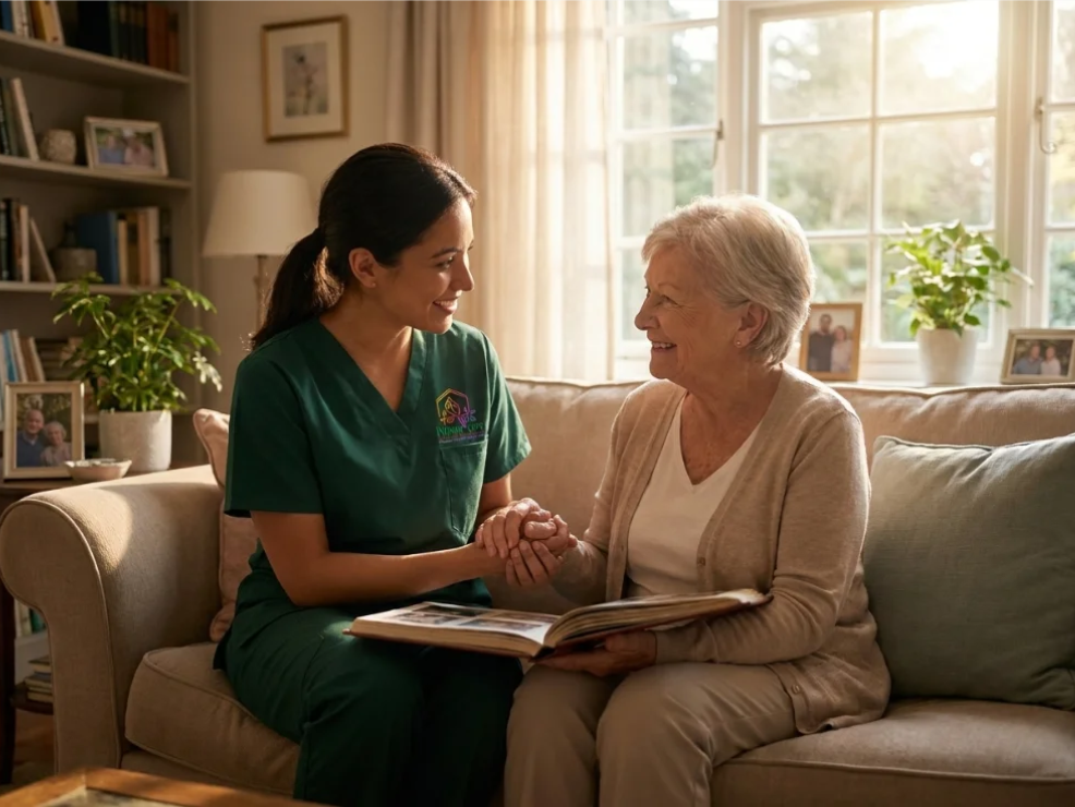 Nurse holding a patient’s hand on the sofa