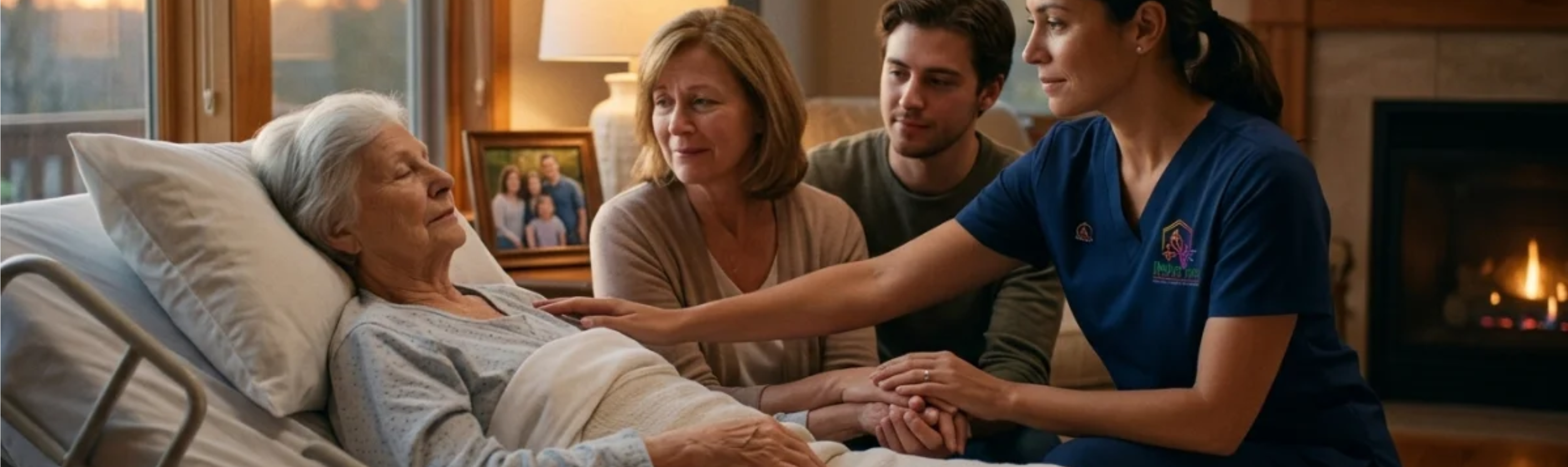 Hospice nurse at a patient bedside with family
